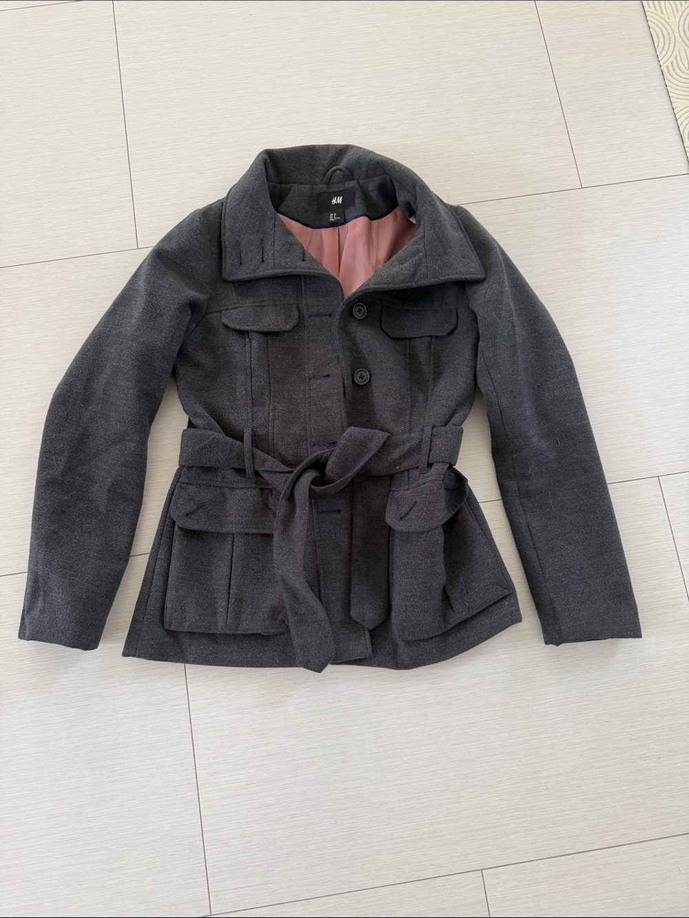 H&M Dark Gray Belted Coat with Pink Lining